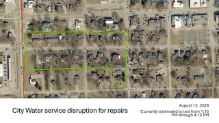 map of water service disruption expected area for August 13, 2026 repairs