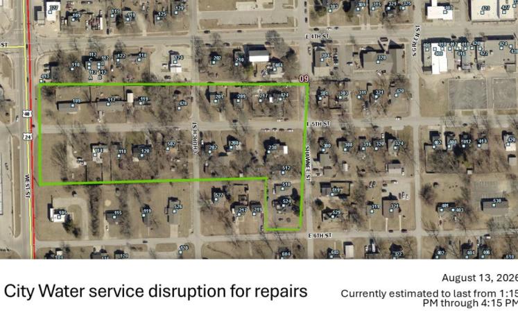 map of water service disruption expected area for August 13, 2026 repairs